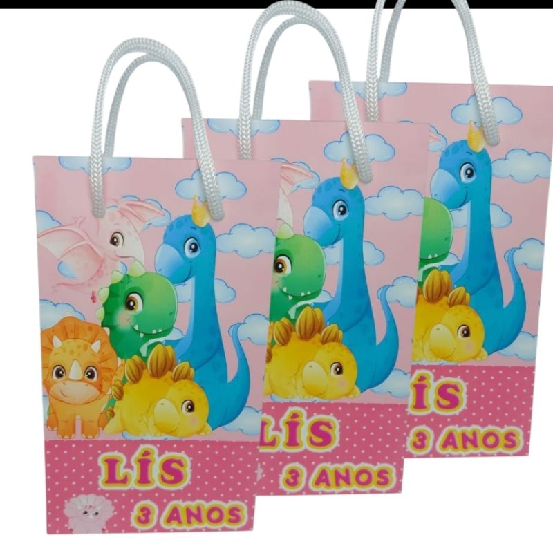 Sacolinha Personalizada Dinossauro baby Rosa lembrancinha festa de aniversário/ Papel Fotográfico