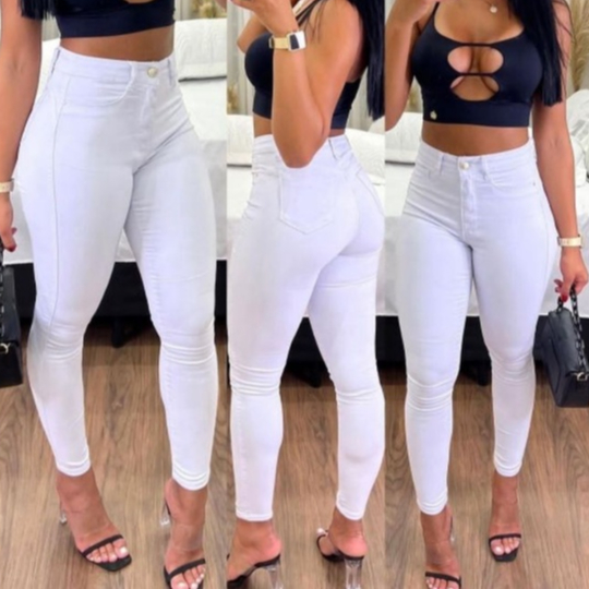 Calça Jeans Feminina Branca Cintura Alta Empina bumbum Skinny em Oferta na Shopee