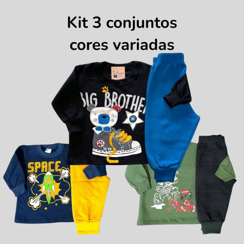 Kit 3 Conjuntos de Moletom Bebê 6 Peças Inverno Estampado