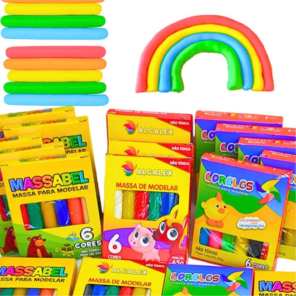 Massinha de Modelar 6 Cores 65g- Kit Festa Infantil Lembrancinhas Sacolinha Prenda Aniversário