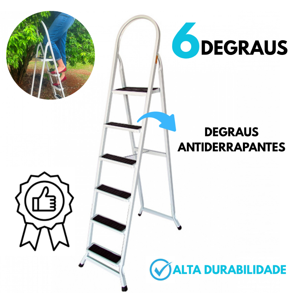 Escada 6 Degraus Em Aço Dobrável Tipo Tesoura Resistente Calço Emborrachado Degrau Antiderrapante