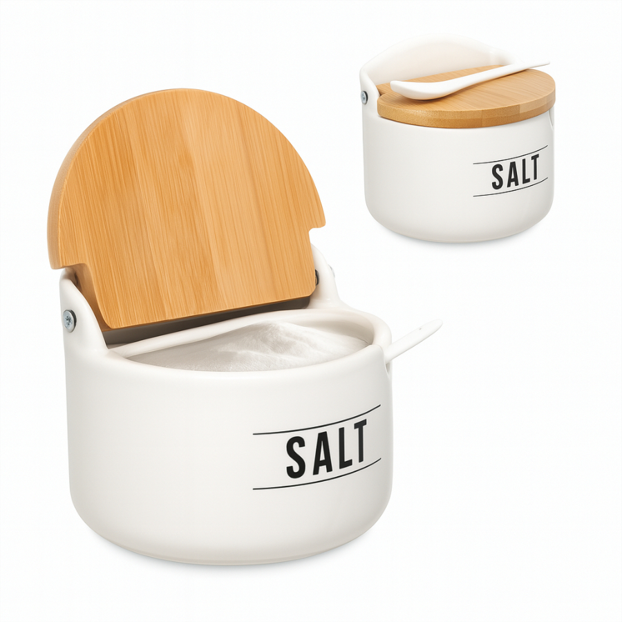 Saleiro De Porcelana Com Colher Tampa Bambu 290ml Manhattan