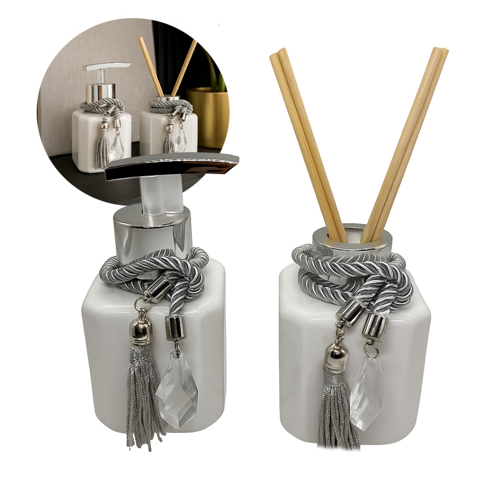 Kit Lavabo Cubo Plástico Sabonete Líquido C/ Cordão Decorativos e Aromatizante De Ambiente em Oferta na Shopee