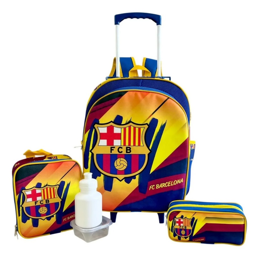 Kit Mochila Escolar Barcelona Time Futebol Rodinhas Tam G