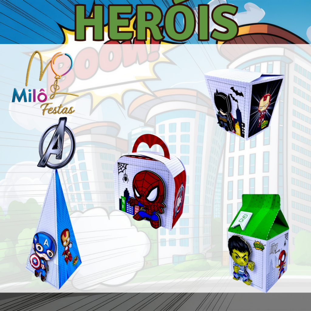 Kit Festa Heróis Personalizado | Pegue e Monte | Lembrancinhas | Caixa Milk e Pirâmide | Aniversário | Infantil | Mês