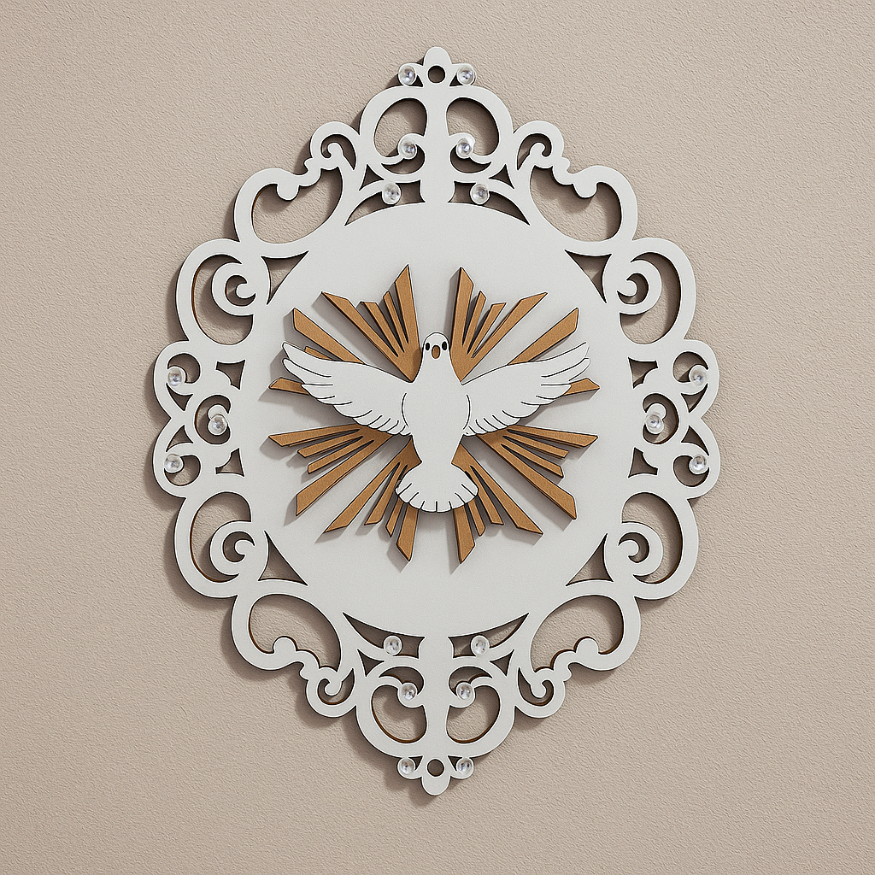 Placa Espírito Santo MDF 35CM Divino Branca Adorno Religioso Parede Fé Proteção