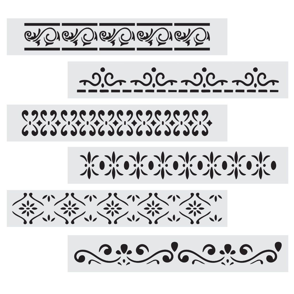 CUTK-0006 - Kit 6 Stencils Pintura Barrados Arabesco 5x30cm Mylar 250 Micras Branco Leitoso