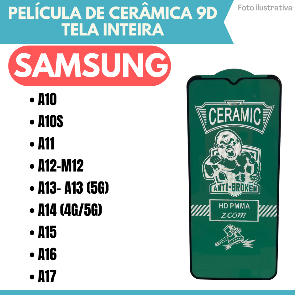 Película Cerâmica 9D Hidrogel Flexível Para Samsung A10/ A10S/ A11/ A12-M12/ A13- A13 (5G)/ A14 (4G/5G)/ A15/ A16 / A17.