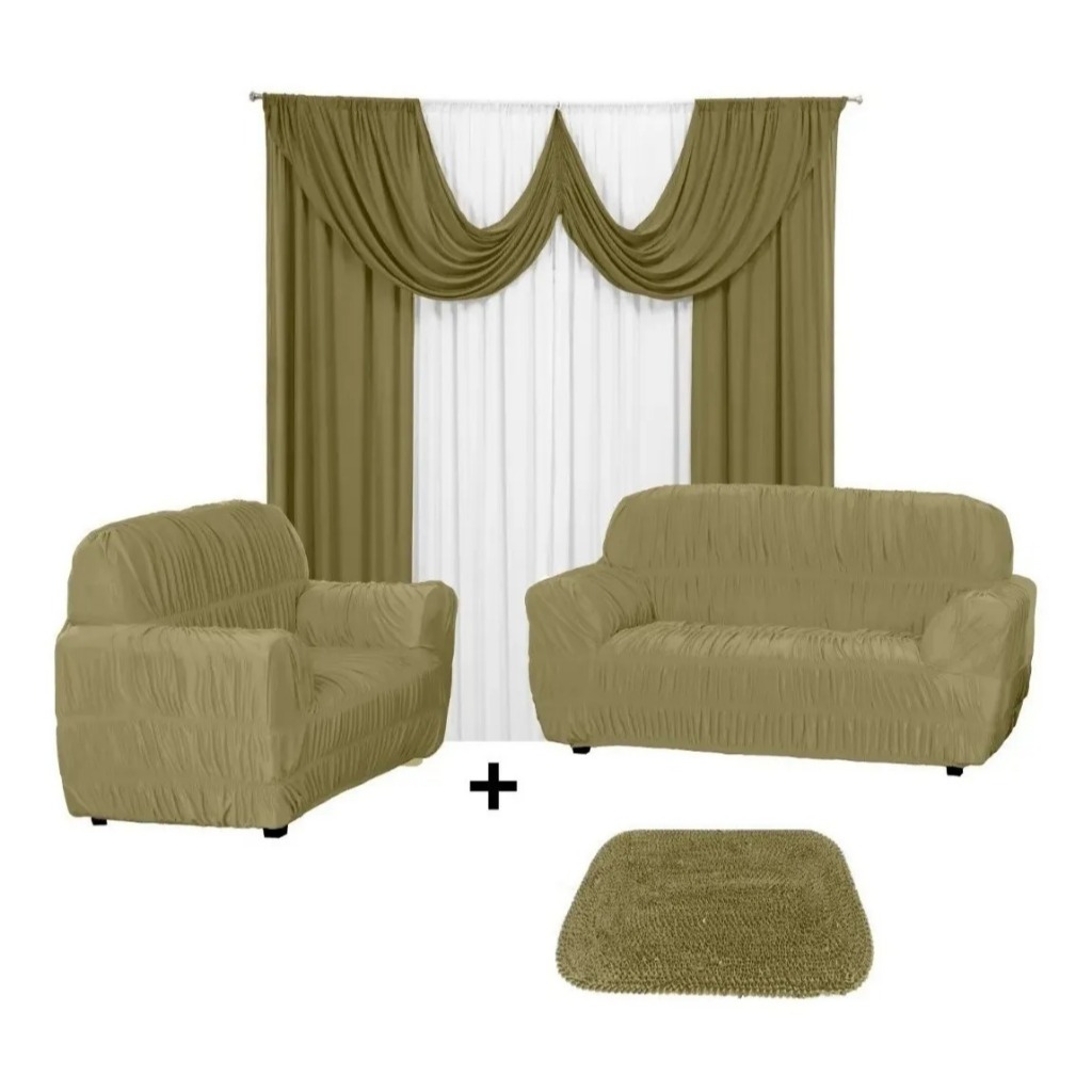 Cortina 4 Metros Paris + Capa De Sofa 2 E 3 Lugares Elasticada+ Tapete de Brinde