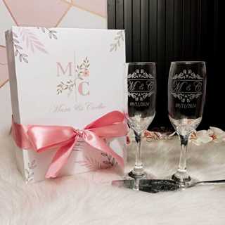 Caixa + 2 Taças Vidro Windsor + Espátula personalizados / Noivos Casamento / DM JATEADOS em Oferta na Shopee