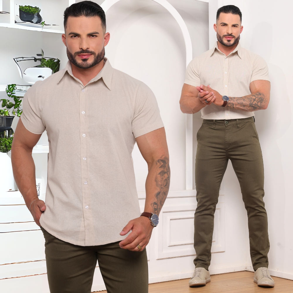 Camisa Linho Slim Manga Curta Masculina em Oferta na Shopee
