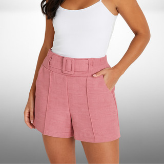 Short Feminino Alfaiataria de Linho Shorts Social com Cinto e Bolso