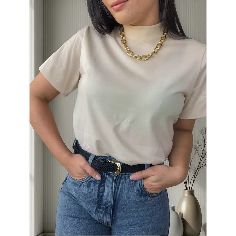 T-shirt Gola alta malha penteada 100% algodão outono/inverno alta qualidade em Oferta na Shopee