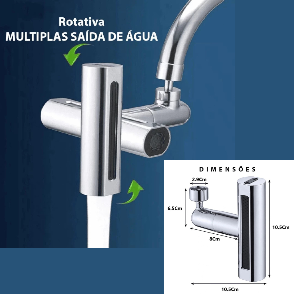 Extensor Giratório para Torneira Cozinha 360° com 4 Jatos de aguá Plástico e Metal Cromado Inox