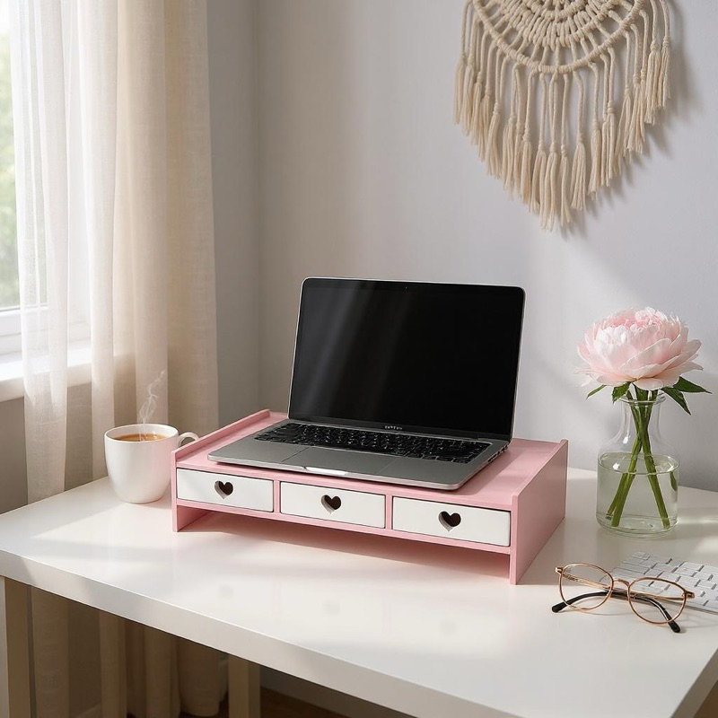 mesinha  prateleira mdf para monitor escrivaninha mesa ergonômica 3 gavetas coração