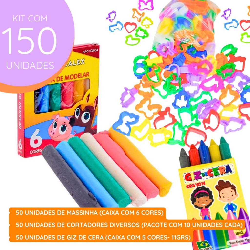 Kit Giz de Cera + Massinha de Modelar + Cortador Molde- Festa Lembrancinha Infantil Sacolinha