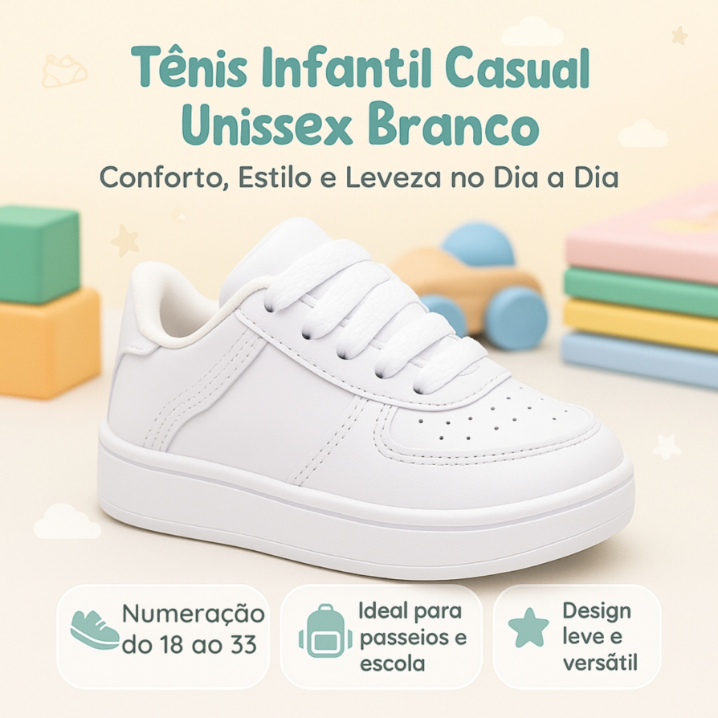 Tênis Branco para Bebê e Infantil: Conforto e Estilo do 18 ao 33, Ideal para Todas as Idades!