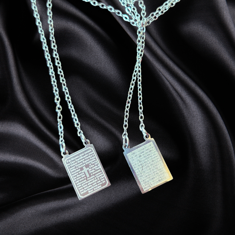 Colar Escapulário de Aço Inox Pai Nosso Jesus Masculino Feminino Religioso