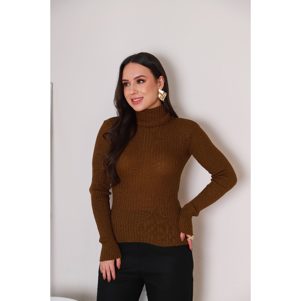 Blusa Feminina Estilosa Canelada de Frio Gola Alta Cacharrel Tricot Roupa Feminina Elegante