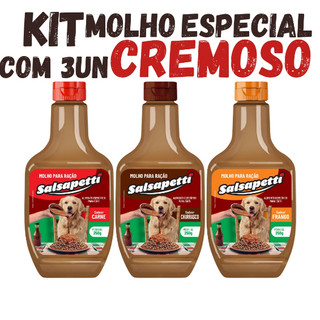 Kit 3 Molho para Ração de Cachorro Cremoso 250g Salsapetti Carne Frango Churrasco Sachê para Cachorro Opção com Biscoito
