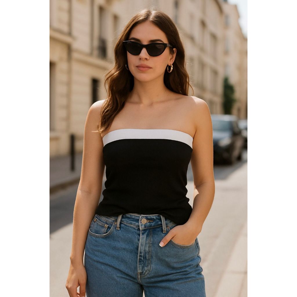 Blusa Tomara Que Caia Feminina Bicolor Canelada Premium Cropped Básico Casual Verão Moda Praia Passeio Trabalho Elegante