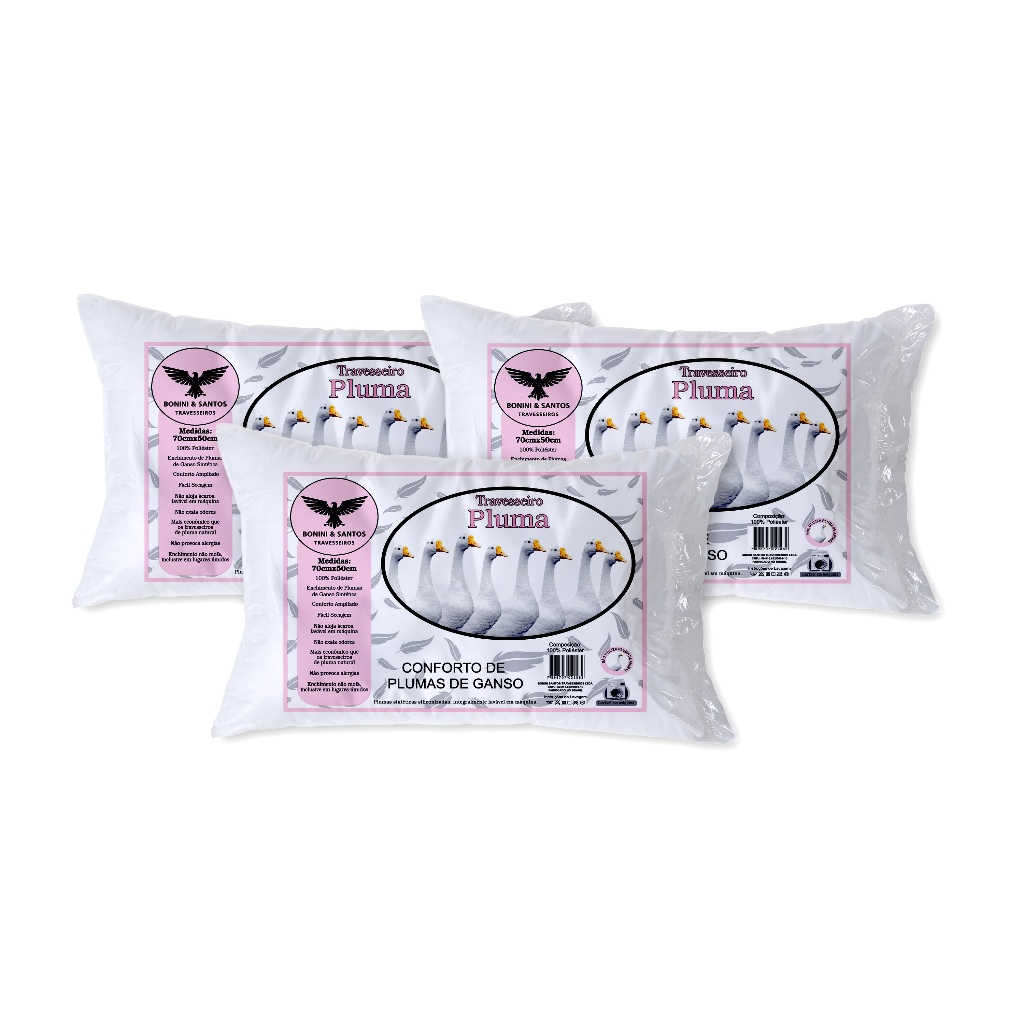 Kit 3 Travesseiros Toque Pluma de Ganso 70x50cm Percal 400 Fios, Antiácaro, Super Macio, Confortável
