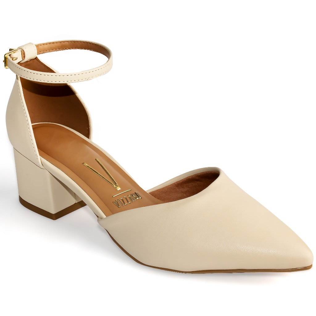 Scarpin Vizzano Salto Médio Bloco Tornozeleira Sapato Feminino Creme