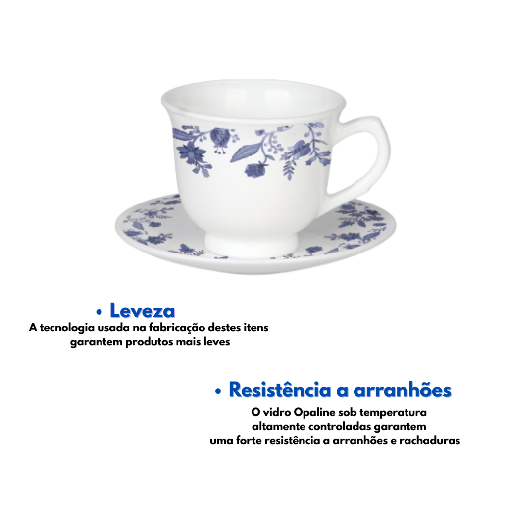 Conjunto 6 Xícaras 200ml Pires Mesa Louça Opaline Casa Cozinha Decoração Café Chá Decorado