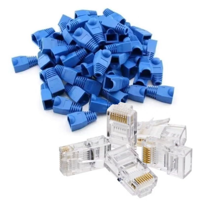 Kit Capa Azul e Conectores RJ45 Vazados Cat5E com 10/20/30/50 unidades