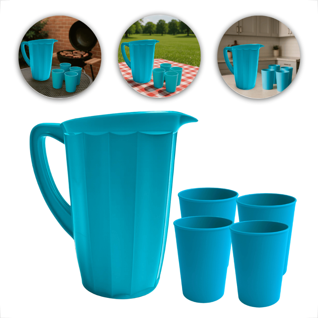 Kit Completo 1 Jarras 1,7L + 4 Copos 200ml Reutilizáveis Colorido Multiuso Festa Piquenique Versátil