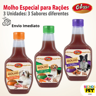 KIT 3 UN Molho Especial Para Ração Cães Colosso Pet Sabores Churrasco Frango Carne