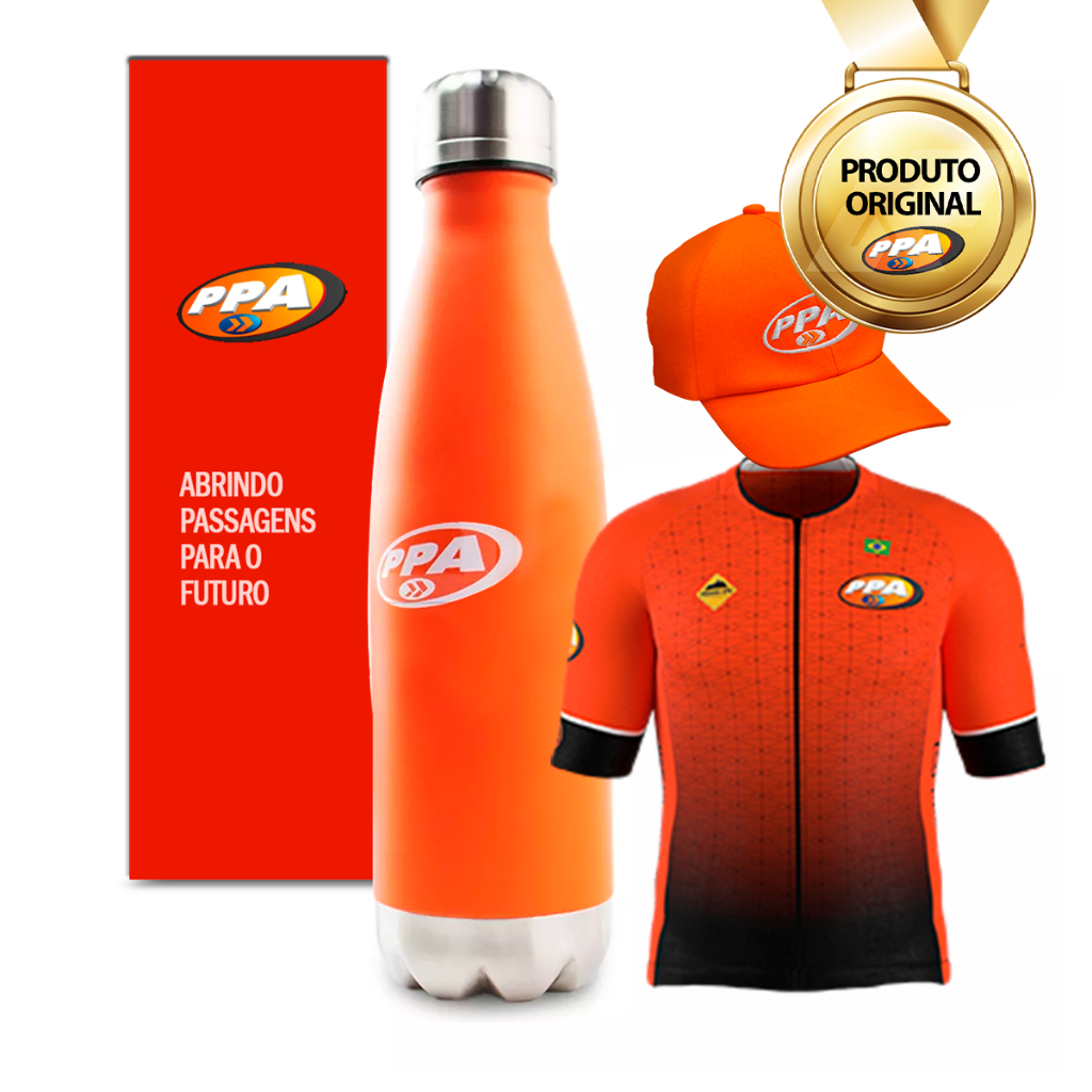 Kit Garrafa Térmica 500ml + Camiseta Unissex de Bike + Boné Bordado Laranja PPA
