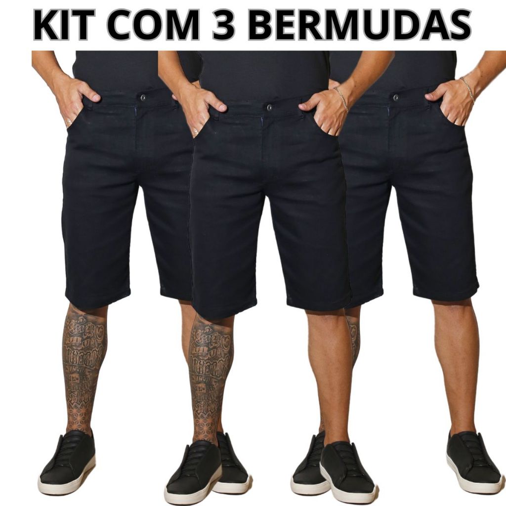 Kit 3 Bermudas Jeans Masculina Preta Tradicional Com Elastano Short Direto da Fábrica Preço Promocional