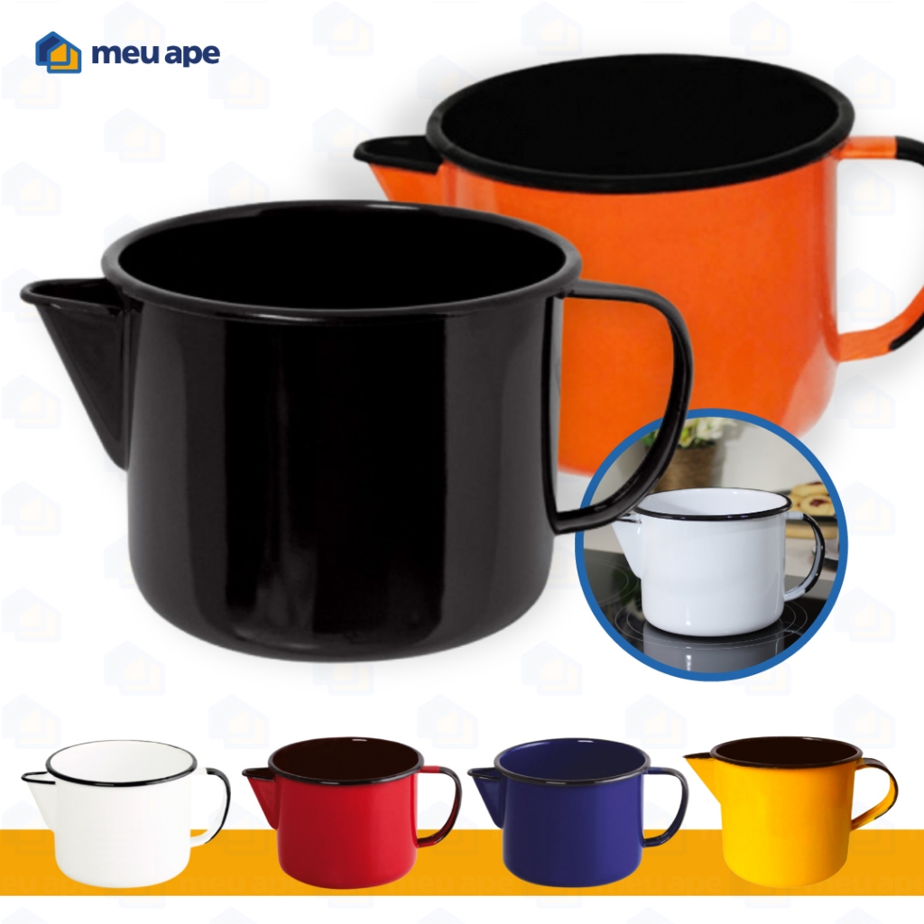 Caneca Leiteira Com Bico Esmaltada em Aço Indução P/ Fogão Indução - Elétrico - Fogão a Lenha