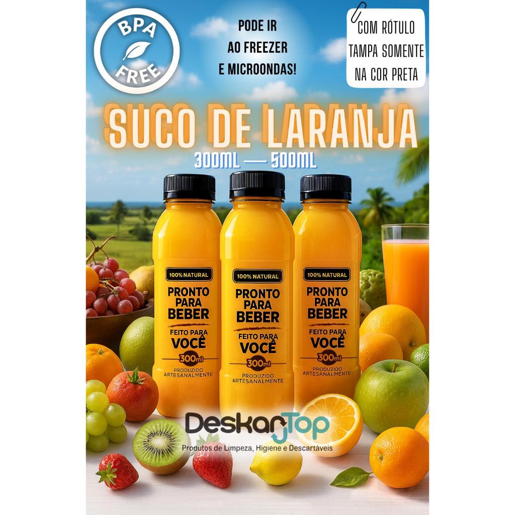 Garrafa Plástica Transparente com Rótulo Tampa Lacre 300ml/500ml Fardo 100 Unidades Sucos Caldo Cana