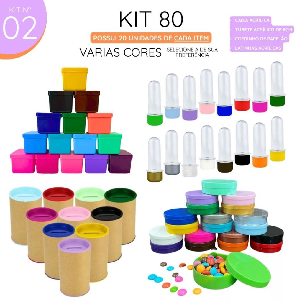 Kit Festa Lembrancinha Acrílico 80 ITENS Várias Cores - Caixinha Latinha Tubete Copinho Aniversário
