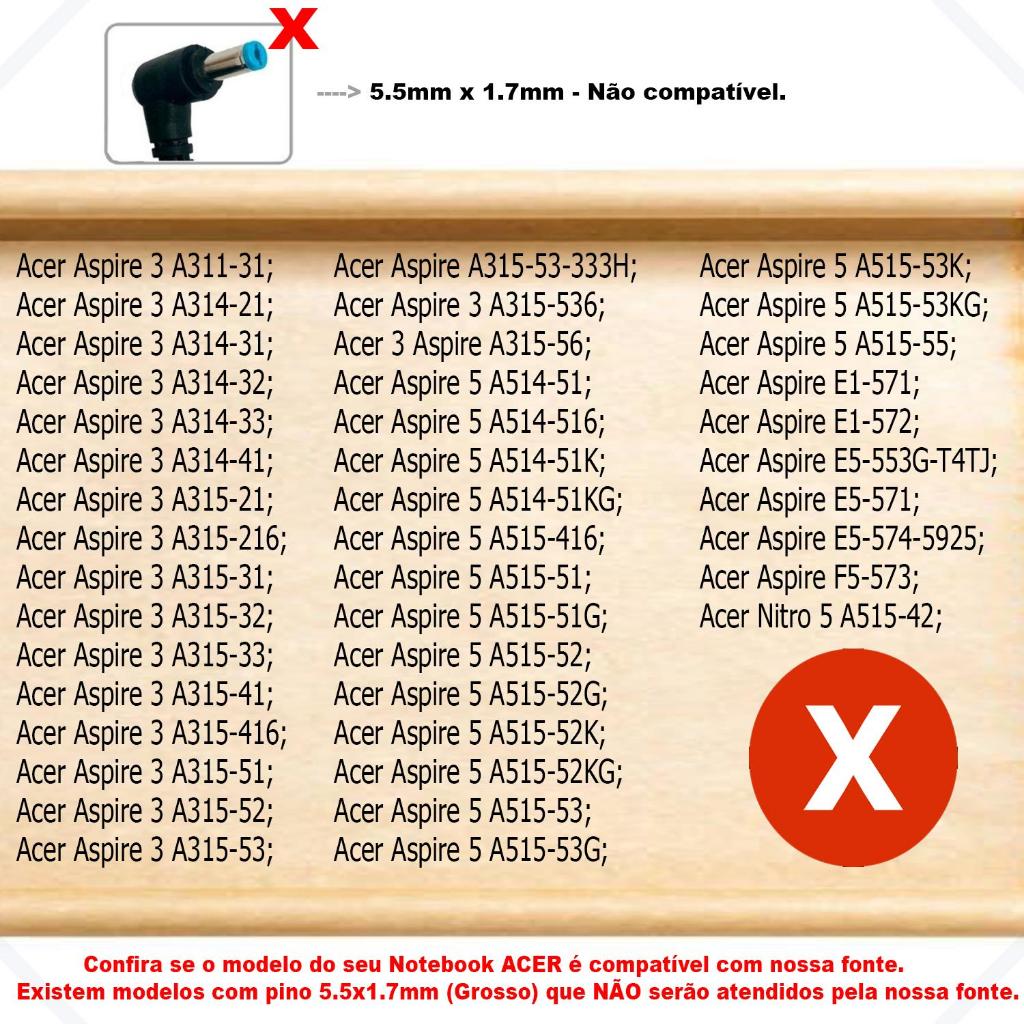 Carregador Para Acer Aspire 3 N20c5 A315-58-38sd A315-510p