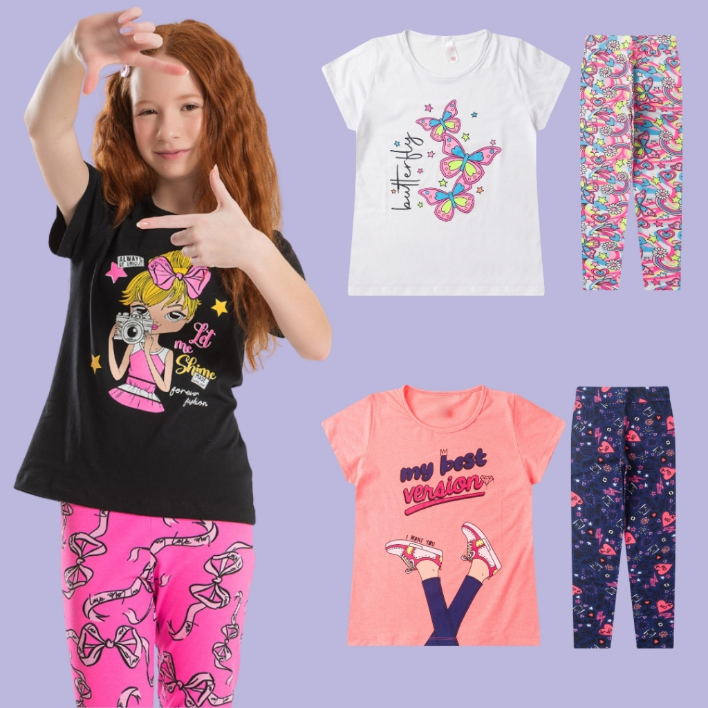 Kit 4 Peças Conjunto Infantil Menina Blogueirinha Juvenil Calça Legging + Blusa Promoção Barato Diva