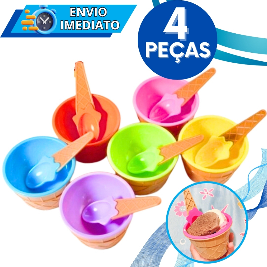 KIT Jogo 4 Tigela Pote de Plástico Tigela 200 ML Para Sobremesa Sorvete Açai Iogurte Casa Casquinha Sorvete + Colher