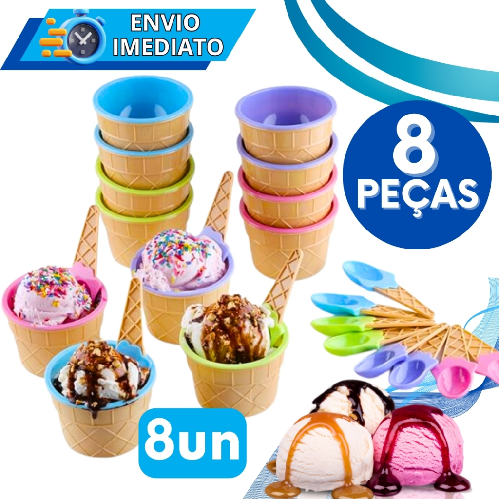 KIT Jogo 8 Tigela Pote de Plástico Tigela 200 ML Para Sobremesa Sorvete Açai Iogurte Casa Casquinha Sorvete + Colher