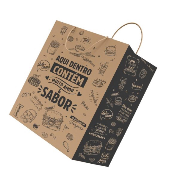 50 Sacolas Papel Kraft Natural Delivery C/ Alça "Aqui Contém Muito Amor & Sabor" em Oferta na Shopee