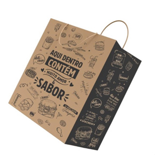 50 Sacolas Papel Kraft Natural Delivery C/ Alça "Aqui Contém Muito Amor & Sabor" em Oferta na Shopee