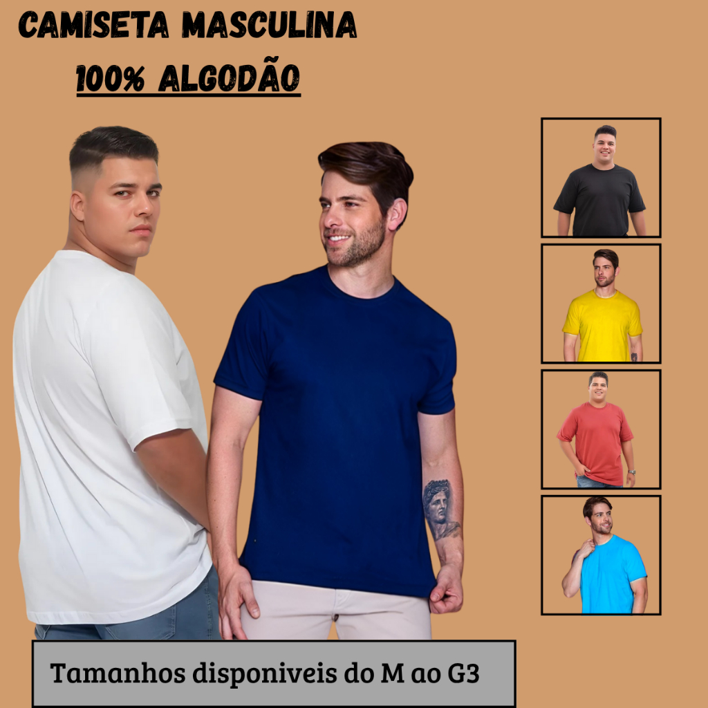 Camiseta básica do M ao G3 PLUS Size Masculina básica 100% Algodão lisa qualidade premium academia em Oferta na Shopee