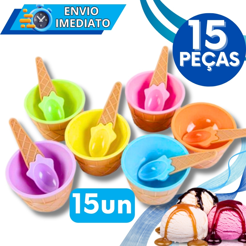 KIT Jogo 15 Tigela Pote de Plástico Tigela 200 ML Para Sobremesa Sorvete Açai Iogurte Casa Casquinha Sorvete + Colher