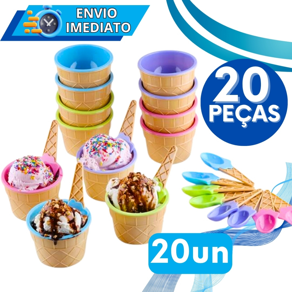 KIT Jogo 20 Tigela Pote de Plástico Tigela 200 ML Para Sobremesa Sorvete Açai Iogurte Casa Casquinha Sorvete + Colher