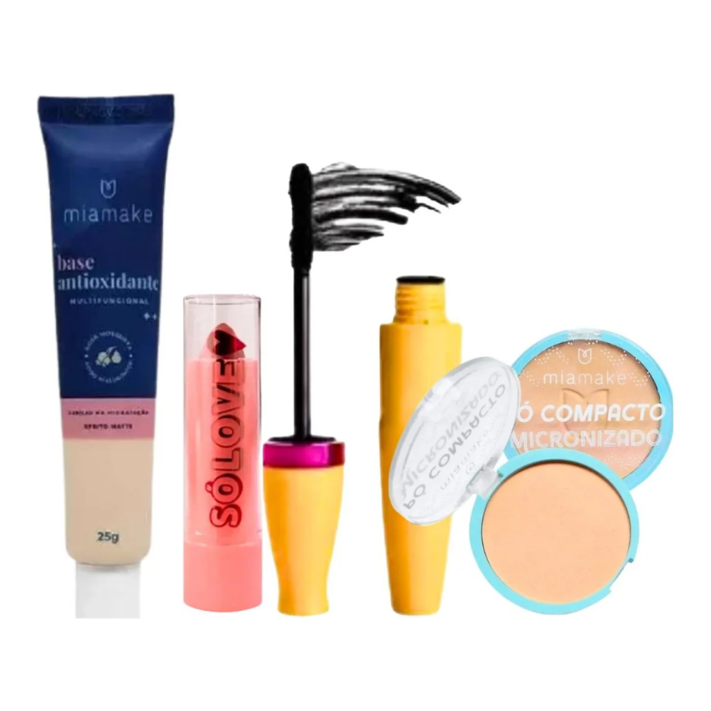 Kit De Maquiagem Batom Rímel Pó Compacto Base Facial Pele