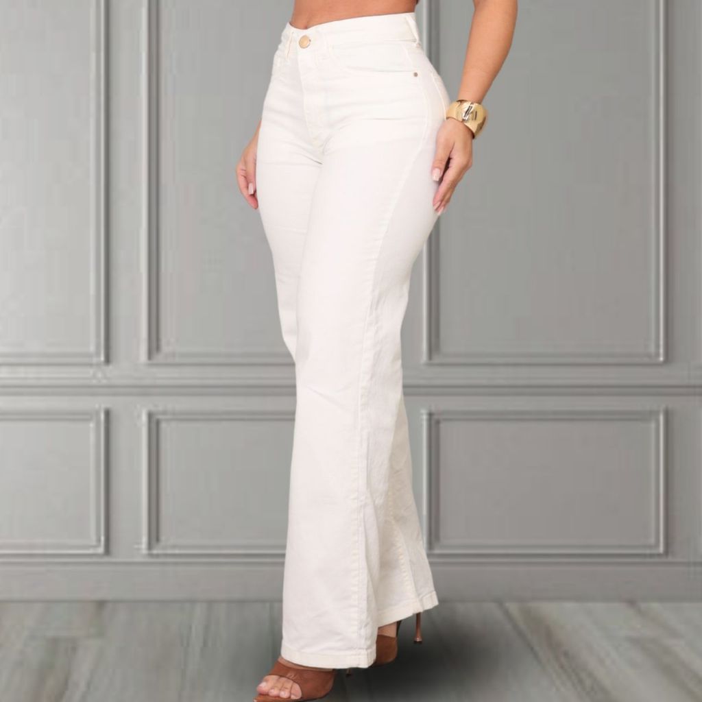 Calça Jeans Feminina Wide Leg Cintura Alta Boca Larga Branca Algodão 100% em Oferta na Shopee