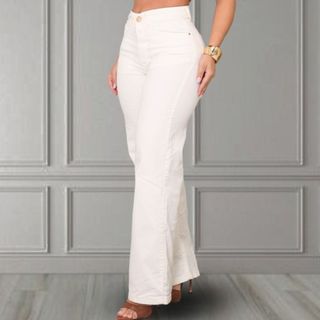 Calça Jeans Feminina Wide Leg Cintura Alta Boca Larga Off-White Algodão 100%
