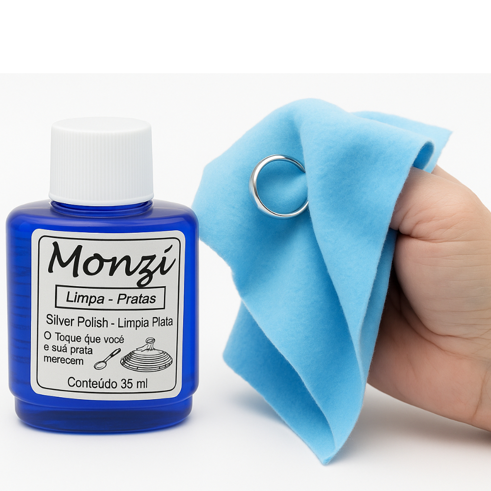 1 Frasco de Limpa Pratas Monzi Original 35ml com 1 Flanela Magica para polimento apos a limpeza de pra, folheado ou joia em Oferta na Shopee