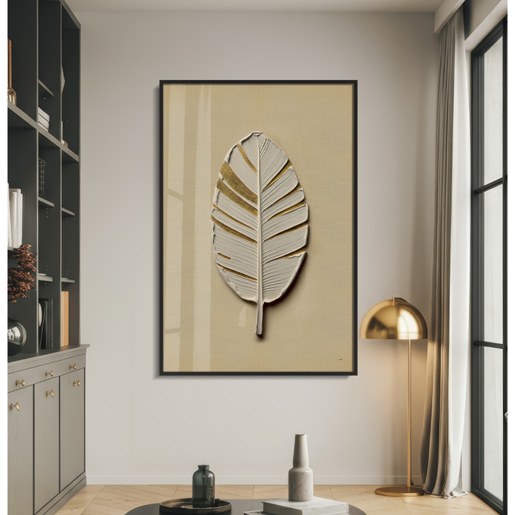 Quadro Folhagem Com Moldura Vidro Quadro Decorativo Sala Grande Quadro Dourado Folha Bananeira Bege